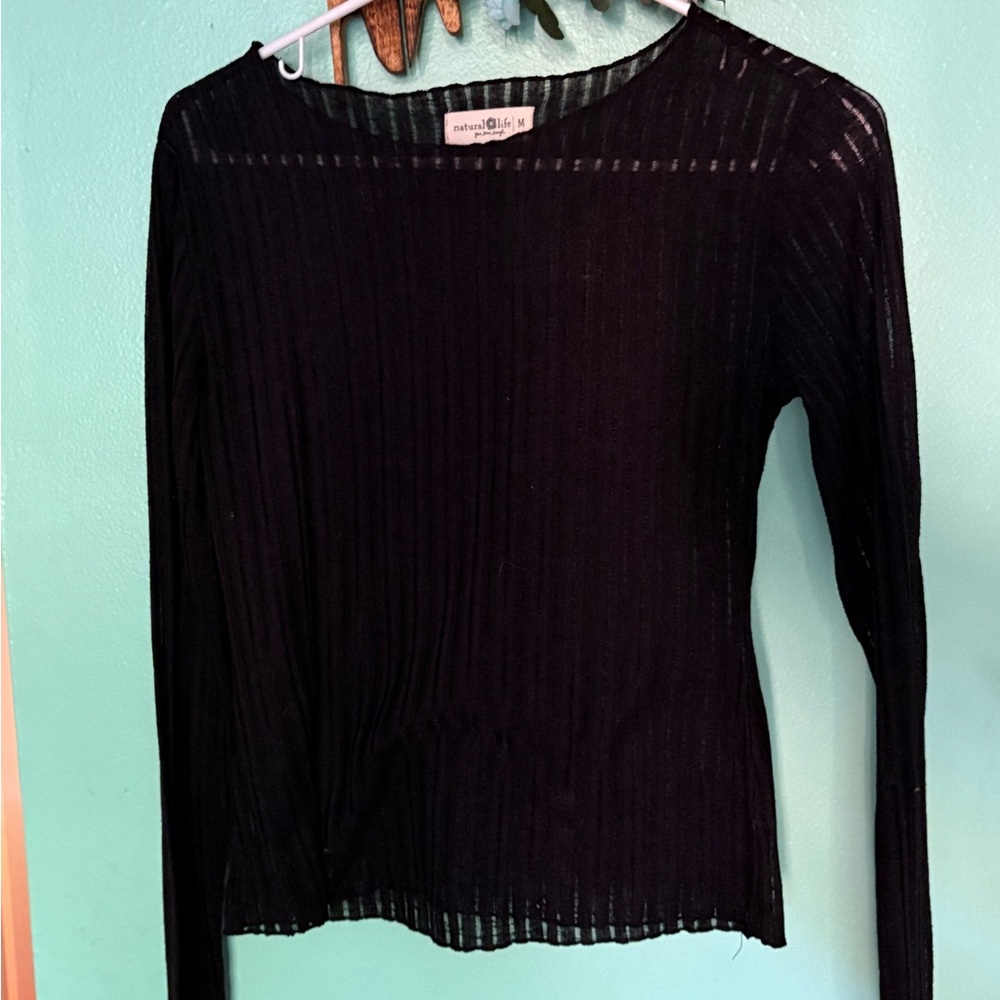 Natural Life Black Ribbed Long Sleeve Blouse